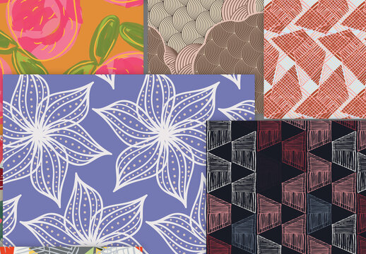 Seamless Pattern Collection with Hand Drawn Rough Abstract Strokes and Floral Elements