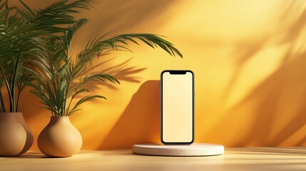 Smartphone mockup on a stand with plants and sunlight.