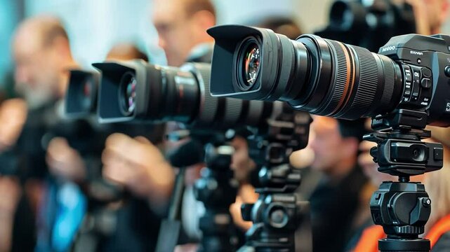 Focus On Cameras: A row of professional cameras, poised on tripods, captures the anticipation and energy of a media event, embodying the essence of visual storytelling and documentation. 