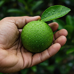 Hand holding freshly harvested lime with dewdrops on it. Organic farming and fresh produce.