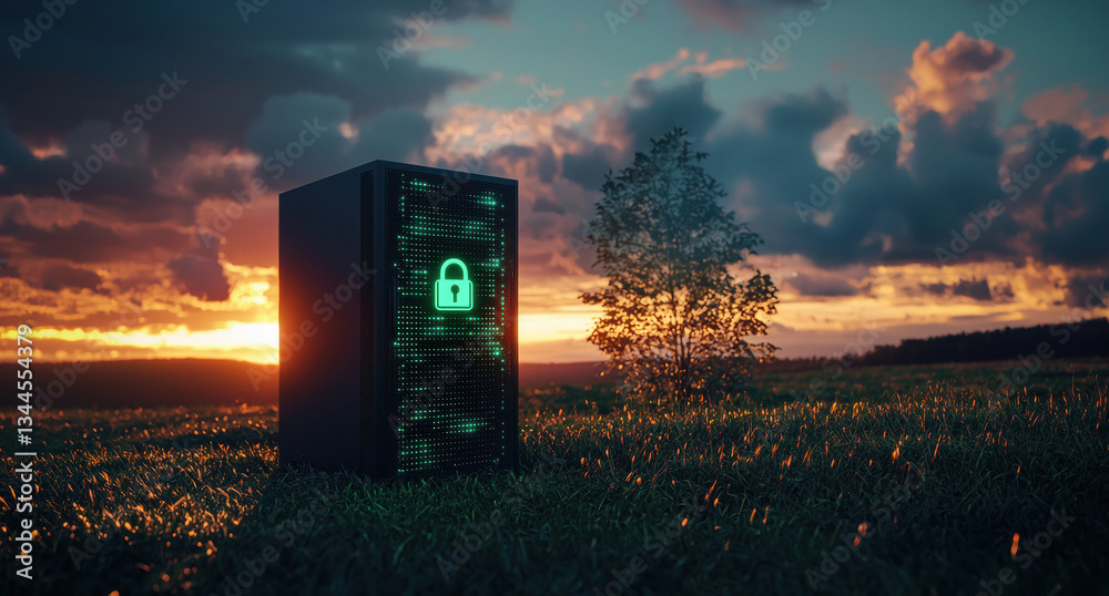 Aufkleber Server with glowing green padlock icon in binary code, symbolizing data security and cloud computing at sunset