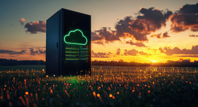 Black server standing in a field with glowing cloud icon symbolizing cloud computing at sunset