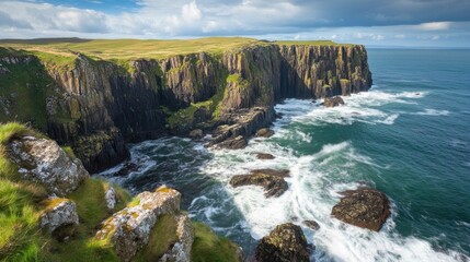 Dramatic coastline vista featuring rugged cliffs and dynamic ocean waves crashing