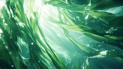 Underwater Scene of Lush Green Seaweed with Sunlight