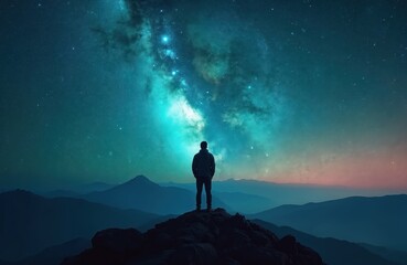 Fototapeta premium Man silhouette stands on mountain peak, contemplating universe with Milky Way, stars. Scenic night landscape, mountain range. Person faces cosmic mystery, finds challenge, mindfulness in nature.