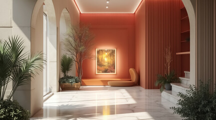 Obraz premium sunlit interior hallway with walls and lush potted plants