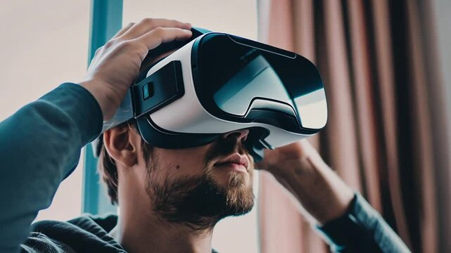 Mann tr&auml;gt VR-Brille und taucht in virtuelle Welt ein