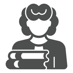 Lawyer woman with books solid icon, family lawyer concept. Vector graphics. Woman and jurisprudence book stack sign on white background, glyph style icon for mobile or web design.