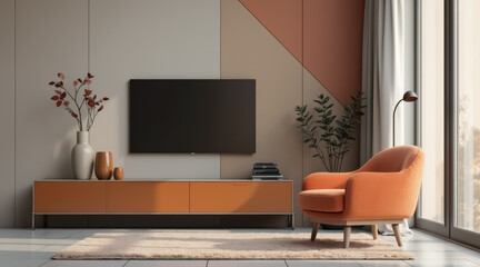contemporary living room featuring an armchair and console against a geometric wall