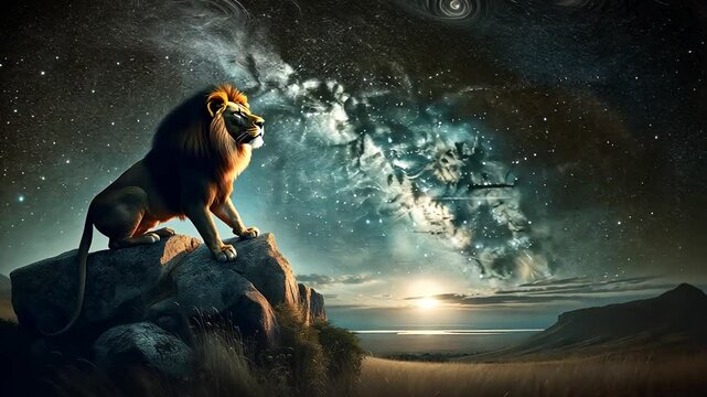L&ouml;we sitzt auf einem Felsen unter dem Sternenhimmel
