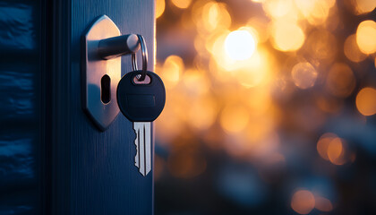 Keys dangling in door. Blurred background. Concept of commercial real estate, business property, buying a house, and workplace security