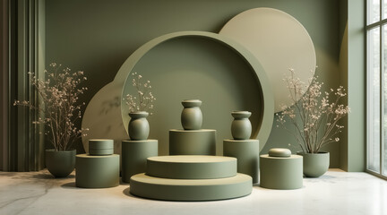 olive-green minimalist product display with vases and cylindrical platforms