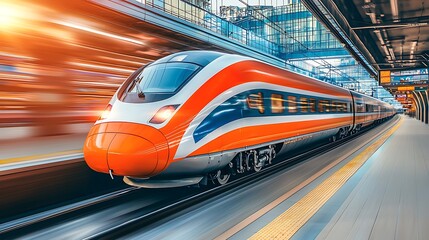 Fototapeta premium High-speed train departing a modern station. Rapid transit in urban environment