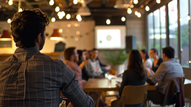 Mann betrachtet eine Pr&auml;sentation in einem modernen B&uuml;ro