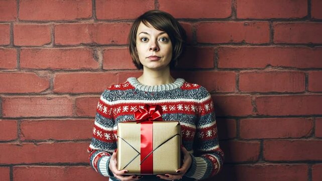 Frau mit Weihnachtsmuster-Pullover steht vor einer Ziegelwand