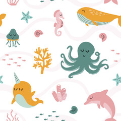 Underwater seamless pattern. Cute whale, stingray, dolphin, seahorse and narwhal. Cute background.