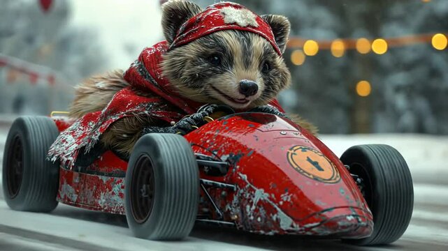 Lustiger Waschb&auml;r f&auml;hrt in einem roten Rennwagen