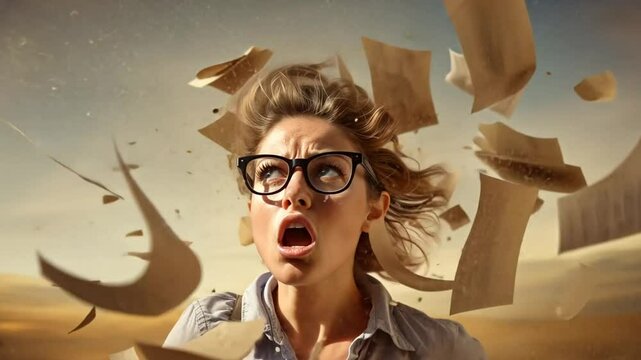 Frau mit Brille schreit w&auml;hrend eine Wand explodiert