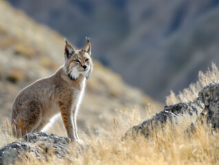 Fototapeta premium Bobcat on Rocky Outcrop, Wild Bobcat Amidst Dry Grasses
