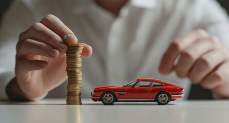 Businessman stacking gold coins and pointing at a red toy car, symbolizing saving and investment for a vehicle purchase