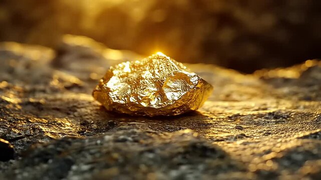 Glimmering gold nugget resting on a rocky surface during sunset, highlighting natural beauty