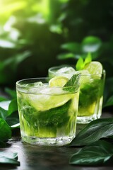 Ice cold mojito cocktail sits at the edge of a resort pool on a hot summer day