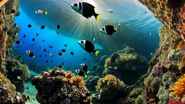 Fische schwimmen in klarem Wasser mit Sonnenstrahlen