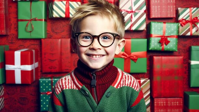 Junge mit Brille h&auml;lt Geschenk und l&auml;chelt