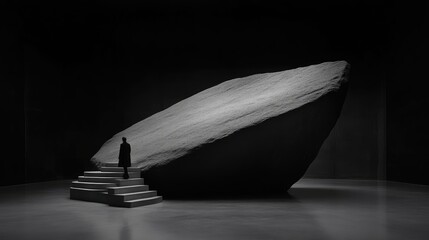 A solitary figure ascends a stairway toward a large, sculpted rock formation in a minimalist, dark space