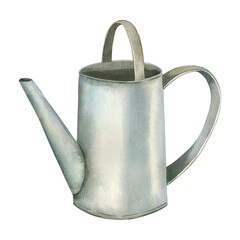 Metal watering can with handle for watering plants and gardening. The watering can is hand painted with watercolor. Watercolor illustration. For printing on postcards, packaging design and posters. © guliy_art