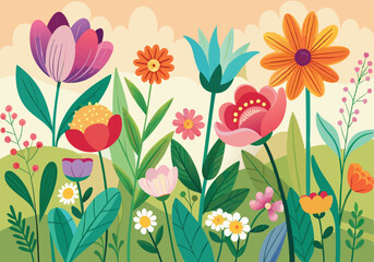 Vibrant Spring Garden Floral Illustration, Colorful Flowers, Blooming Plants.