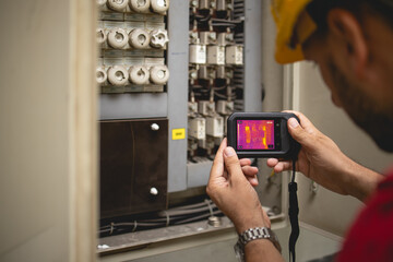 An engineer, an electrician, checks the temperature of electrical installations with a measuring instrument in a factory.