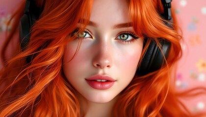 Obraz premium Redhead Girl Listening to Music with Headphones