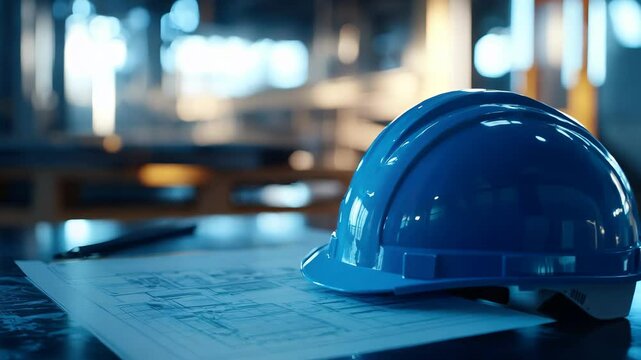 A vivid blue construction helmet sits on top of a detailed blueprint at an industrial site. Workers can be seen in the background, focused on their tasks as daylight fades