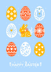 Greeting card with Easter eggs and bunny on blue background for Your spring holiday design