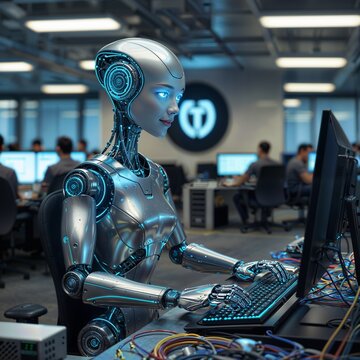 Futuristic Robot Programming in Tech Office, AI and Robotics in Software Development, High-Tech Workspace with Cables, Digital Technology, AI Working with Computers, Cybersecurity Solutions