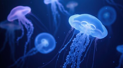 Obraz premium A group of vibrant bioluminescent jellyfish gracefully floating in deep ocean waters, their translucent bodies glowing in shades of blue and purple