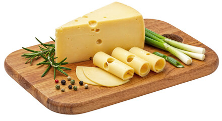 Gouda cheese with sliced pieces, herbs, and green onions on a board isolated on a transparent background