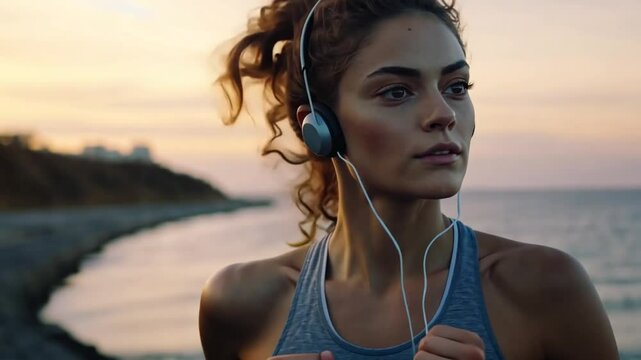 Frau mit Kopfh&ouml;rern joggt am Strand entlang