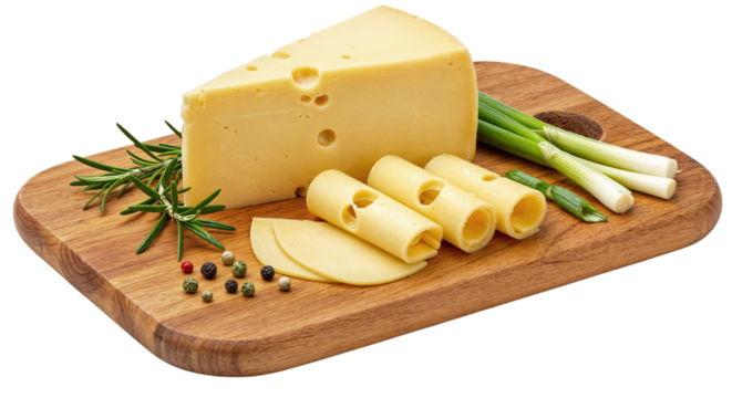 Gouda cheese with sliced pieces, herbs, and green onions on a board isolated on a transparent background