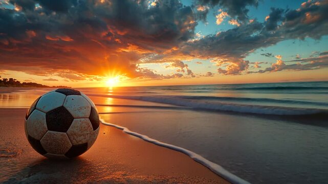 Fu&szlig;ball liegt am Strand w&auml;hrend des Sonnenuntergangs