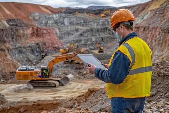 Construction worker using tablet at a mining site surrounded by heavy machinery in a rugged landscape