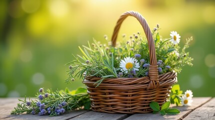 A rustic woven basket filled with freshly picked wild herbs, including thyme, rosemary, and chamomile, placed on a wooden table in a sunlit meadow