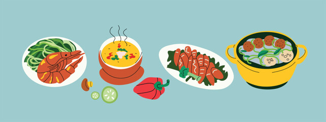 Tasty food set vector illustration. A vibrant collection of various delicious dishes, including soup in a pot, seafood, meat, vegetables, and a hot dish on a plate.