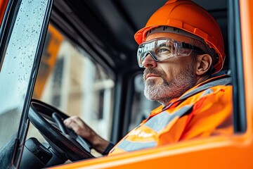 Construction worker operating heavy machinery in a bright orange uniform and safety gear at a job site