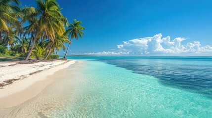 Idyllic tropical beach paradise with palm trees, turquoise water, and pristine sands