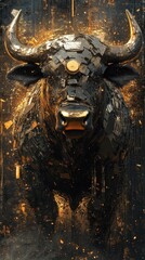 A striking digital artwork depicts a powerful robotic bull head
