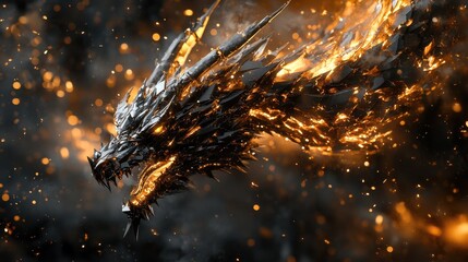 A fearsome dragon head exhibiting intricate metallic and fiery features