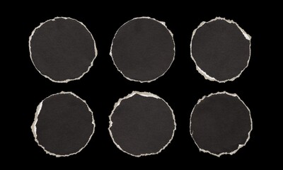 set of torn paper circles from black paper with rough edges, isolated cardboard pieces on black background