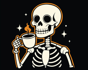 Cute Skeleton Enjoying Coffee. Halloween Illustration